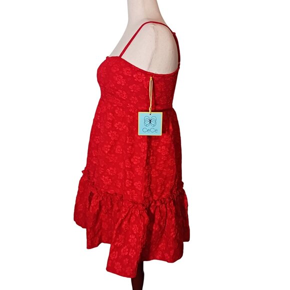 NEW CeCe Womens Floral Print Babydoll Mini Dress Mars Red Size M‎ Tiered Ruffled - Picture 4 of 12